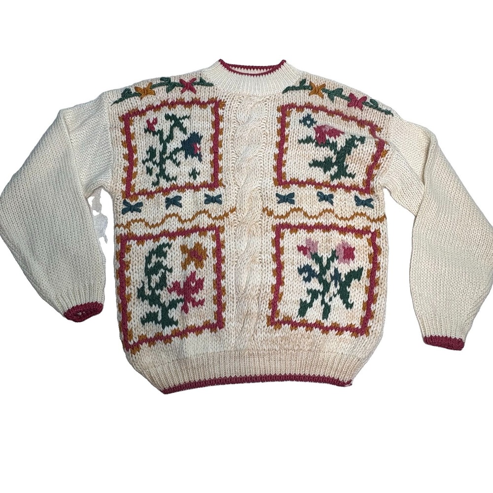 VTG Sweater Carolina Colors 1992 Y2K Cream Color Chunky Knit Floral Pattern Sz L